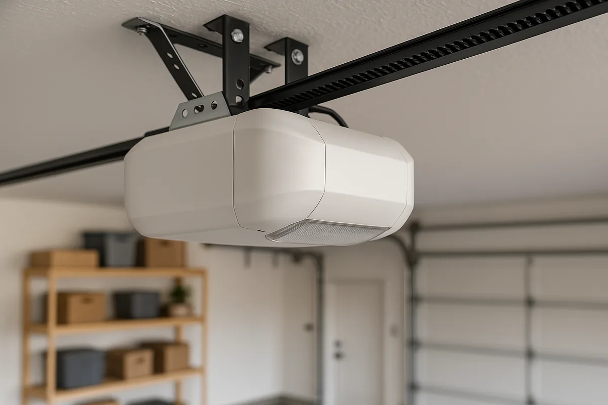 Belt-drive garage door opener on a ceiling