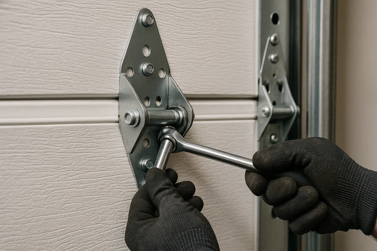 Technician replacing a garage door hinge bracket
