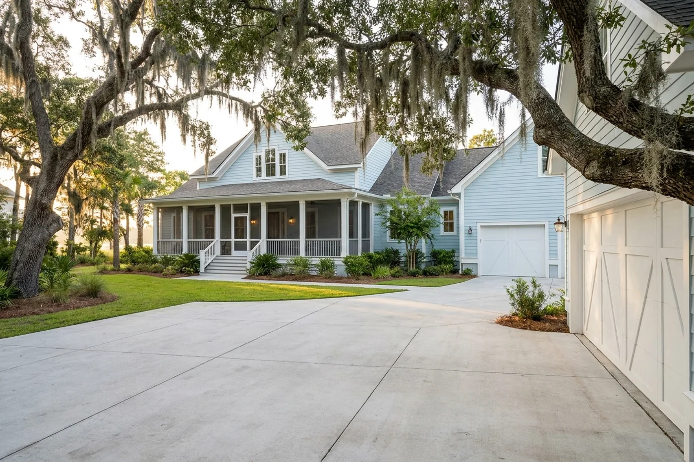 A coastal Georgia home under live oaks with the garage door closed