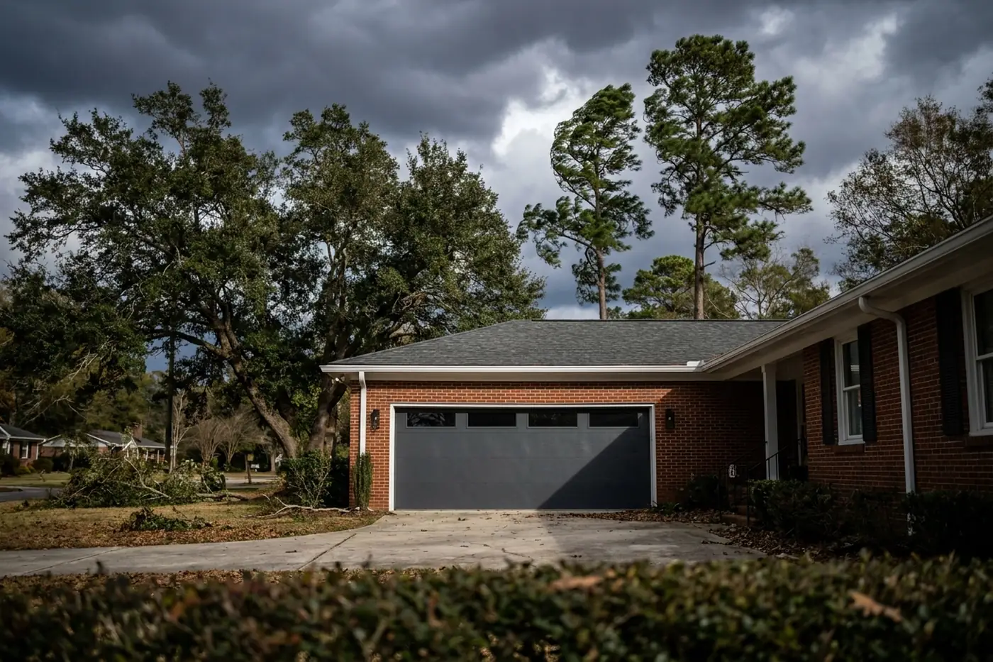 New storm-ready garage door on a Georgia brick home with storm clouds building