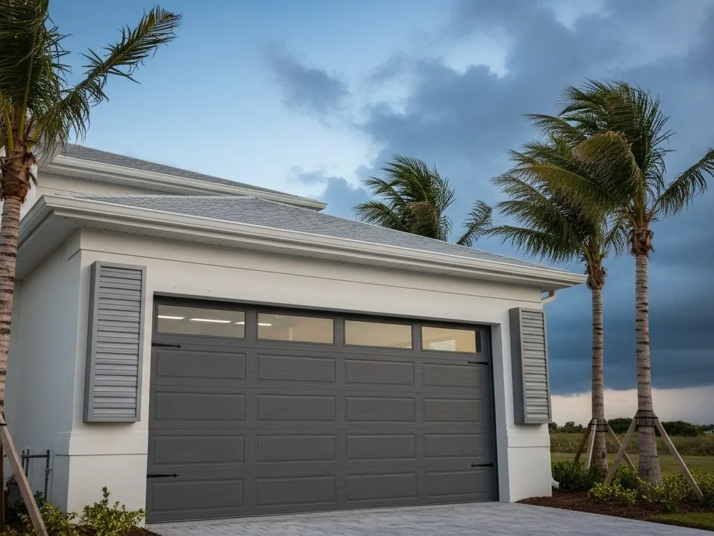 Impact-rated garage door with storm clouds building