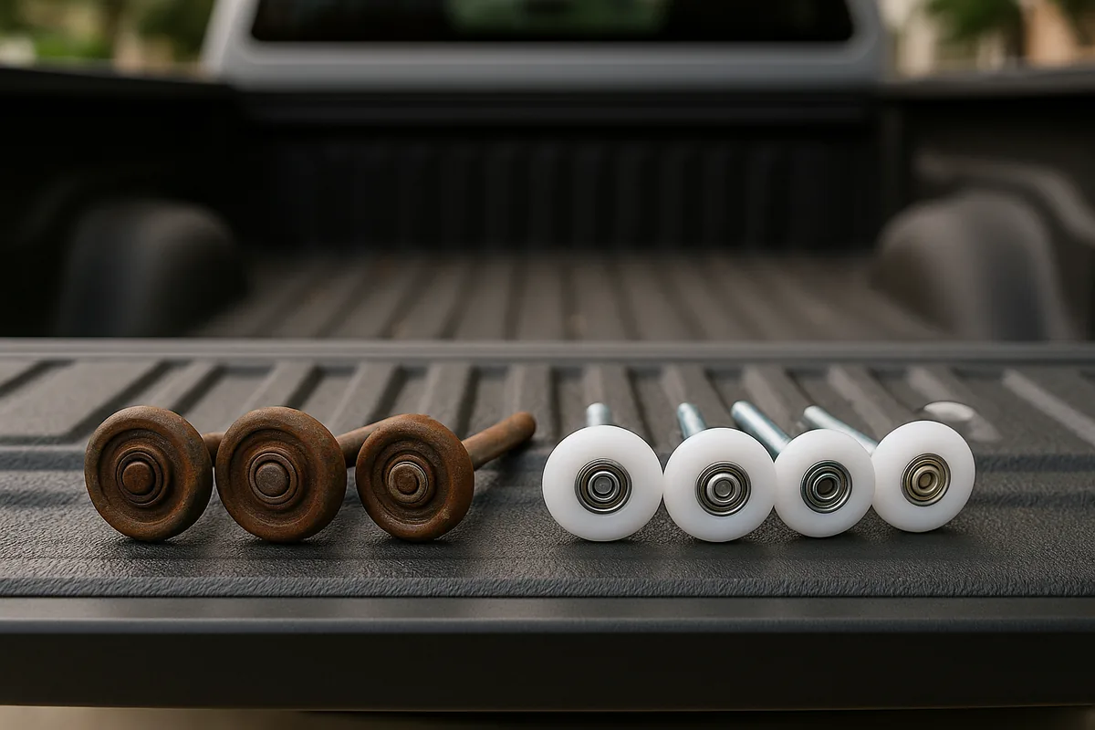 Worn steel rollers beside new nylon rollers