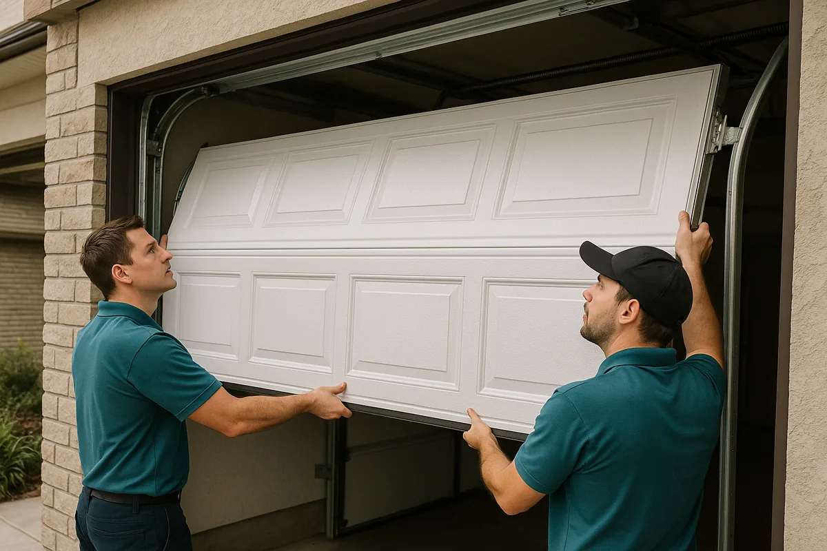 Mo Better Garage technicians installing a new garage door panel