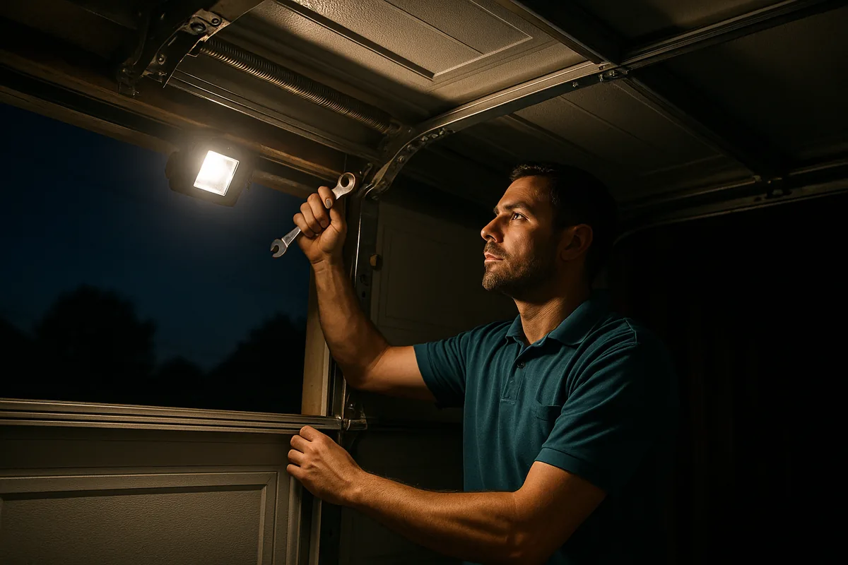 Mo Better Garage technician on a night garage door repair