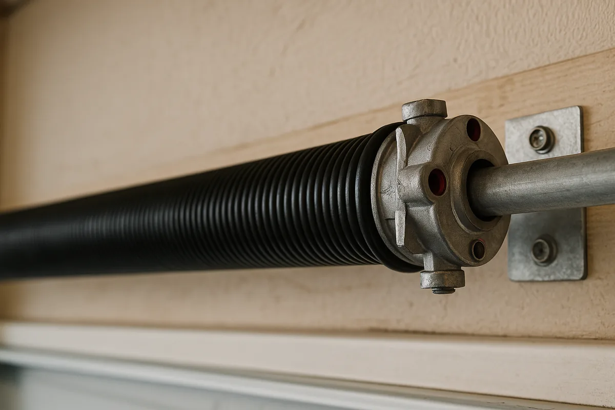 Close-up of a garage door torsion spring